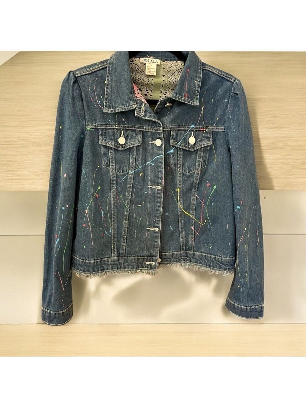 OO LA LA Jean Jacket, Blue Denim, Size M,, Paint Splatters, Paisley Lini…